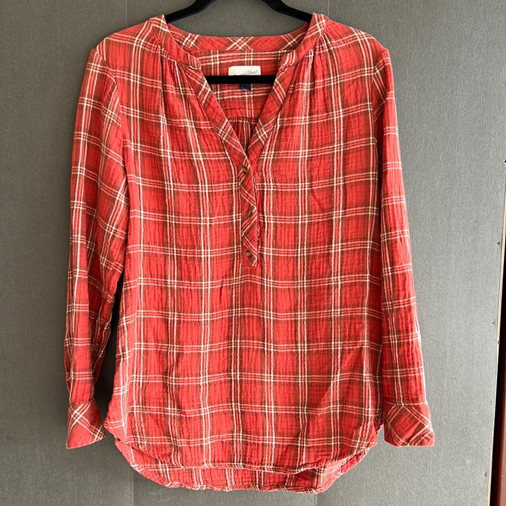 Henley Style Cotton Plaid Shirt